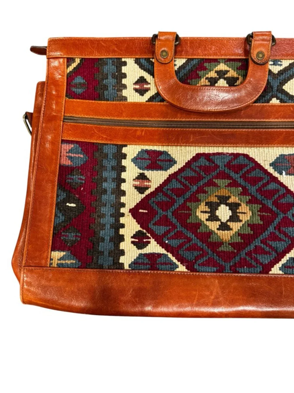 Vintage Kilim Leather Briefcase Bag Wool Southwest Boho Tote Mexico